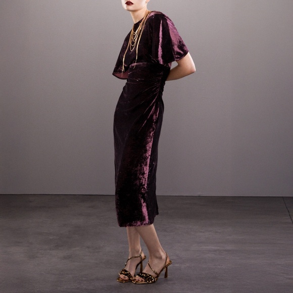Zara Dresses & Skirts - ZARA DRESS Crushed Velvet Burgundy Midi Dress New sz L